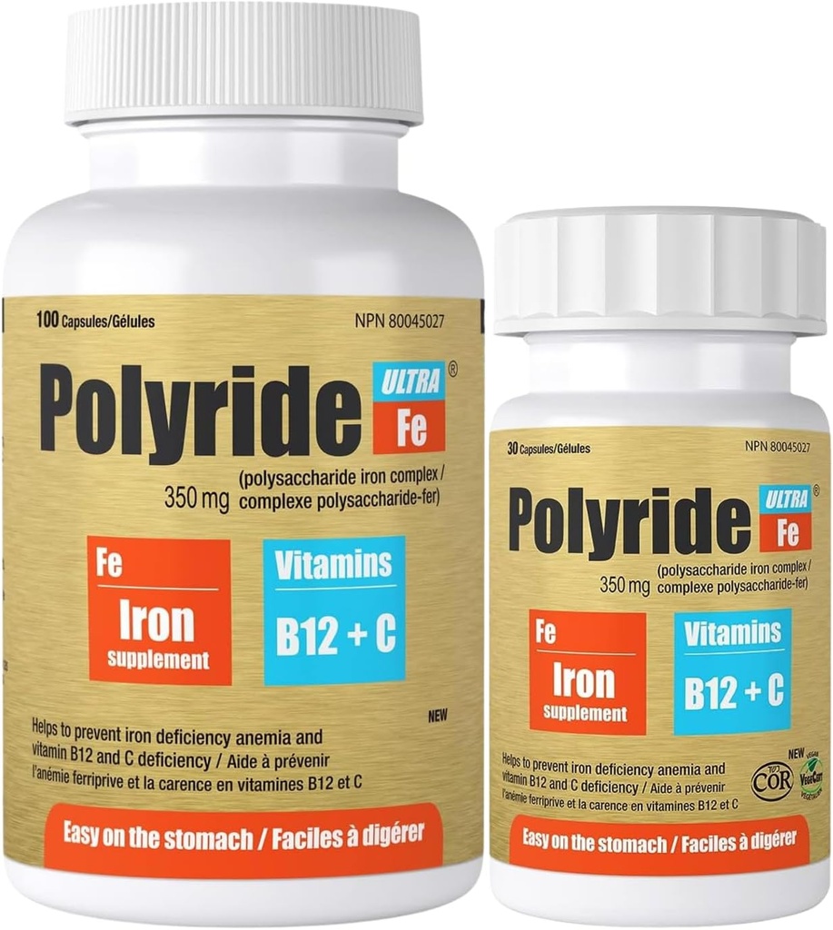 Ultra Polysackarid Järntillskott Komplex 350 Mg - Energistöd med järn - behandla järnbrist anemi - 125 mg C-vitamin och 1000 mcg Vitamin B12 - 30 kapslar