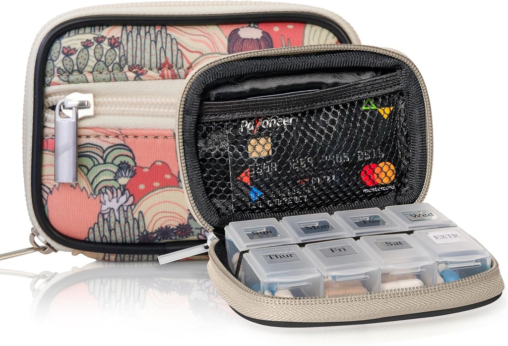 Made Easy Kit Pill Case - Weekly Medicine Organizer med Avtagbar Seven-Day Vitamin & Supplement Box - Premium Neoprene för Travel Purse Accessory (Desert Khaki)