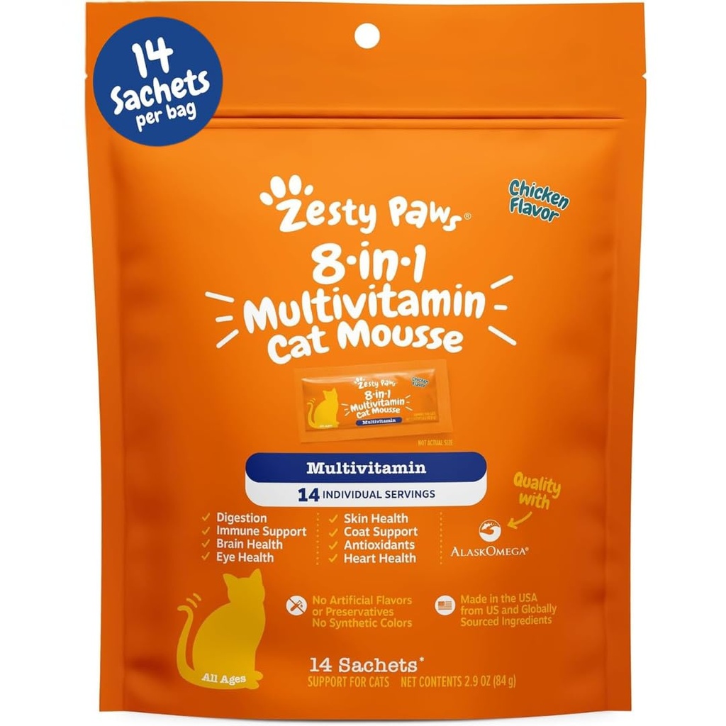 Zesty Paws 8-i-1 Multivitamin Cat Vitamins & Supplements Mousse - Cat Vitaminer för inomhuskatter - Hälsosam behandling klämmer upp för Gut, Immune, Hjärta, Hud & Coat Support - Kyckling 14ct