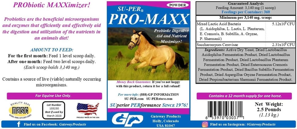 SU-PER Pro-Maxx Probiotika för hästar - Equine Digestive Aid och Nutrient Maximizer - Upprätthåller korrekt Gut Health och Microbial Balance - 2,5 pund, (2 Pack)