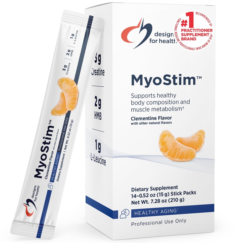 Designs for Health MyoStim - HMB + Collagen Peptides Powder med L-Leucine + Kreatin för att stödja hälsosam åldrande - kan hjälpa till att dämpa åldersrelaterad muskelförlust - Clementine-Flavored Drink (14 Stick Packs)
