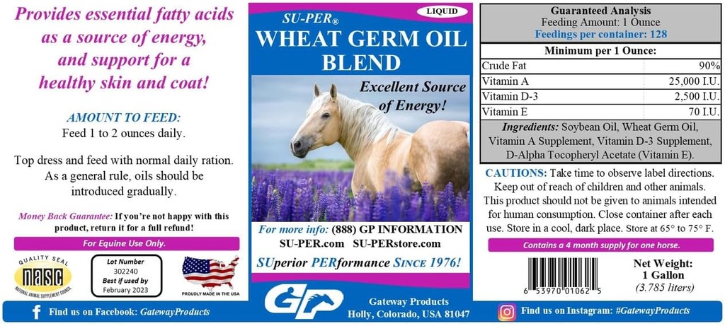 SU-PER Wheat Germ Oil Blend för hästar - Stöder energi, uthållighet, uthållighet, hälsosam hud och rock - väsentliga fettsyror, vitaminer och mineraler - 1 Gallon, 4 månaders leverans