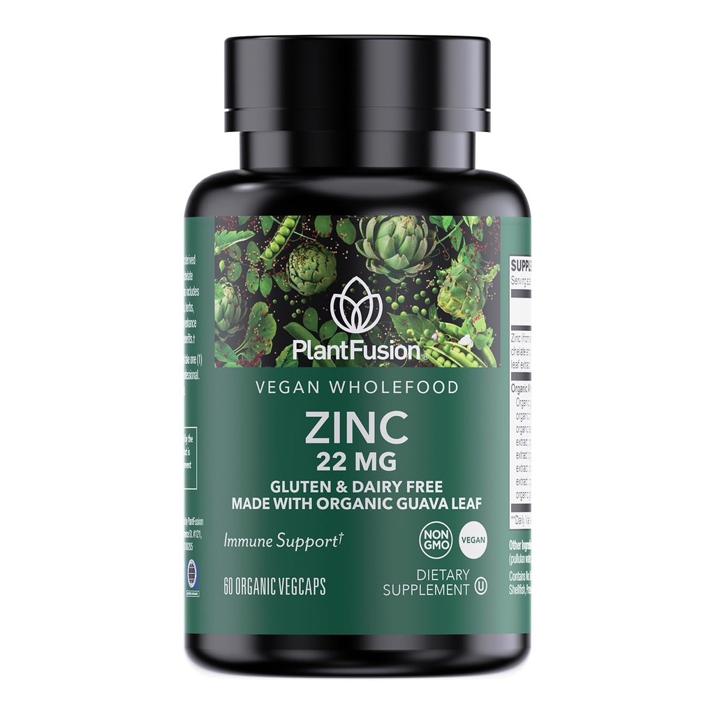 PlantFusion Vegan Zink kompletterar 22 mg - Wholefood Complex, Chelated Zinc Citrate från Organic Guava Leaf för immunstöd, 60 kapslar