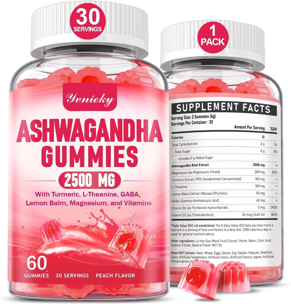 Ashwagandha Gummies 2500mg för kvinnor och män: Ashwagandha Supplement Gummy Extra Styrka med gurkmeja, vitamin D3, L-Theanin, Magnesium - Fylld Gummies, jordgubbsmak, Vegan, icke-GMO