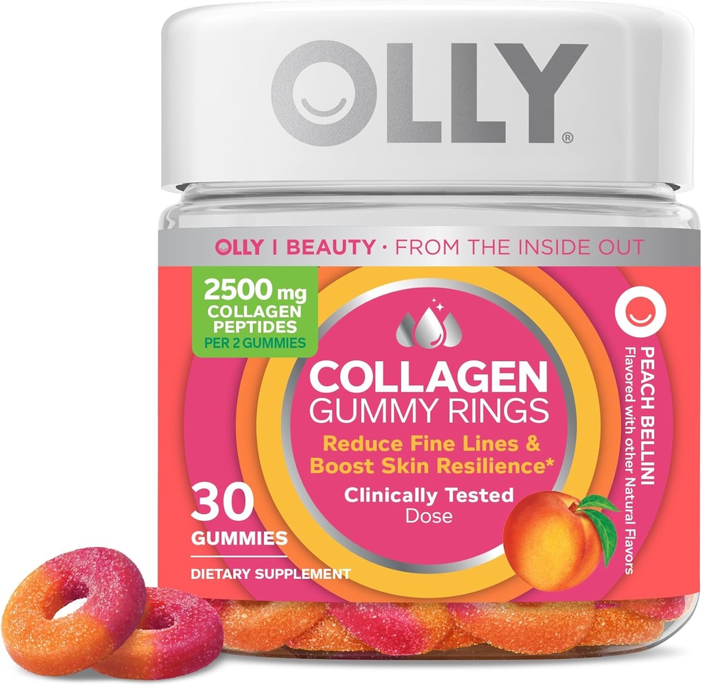 OLLY Collagen Gummy Rings, stöder hudens elasticitet och Firmness, 2.5g Collagen, kliniskt testad, Peach, 15 Day Supply - 30 greve