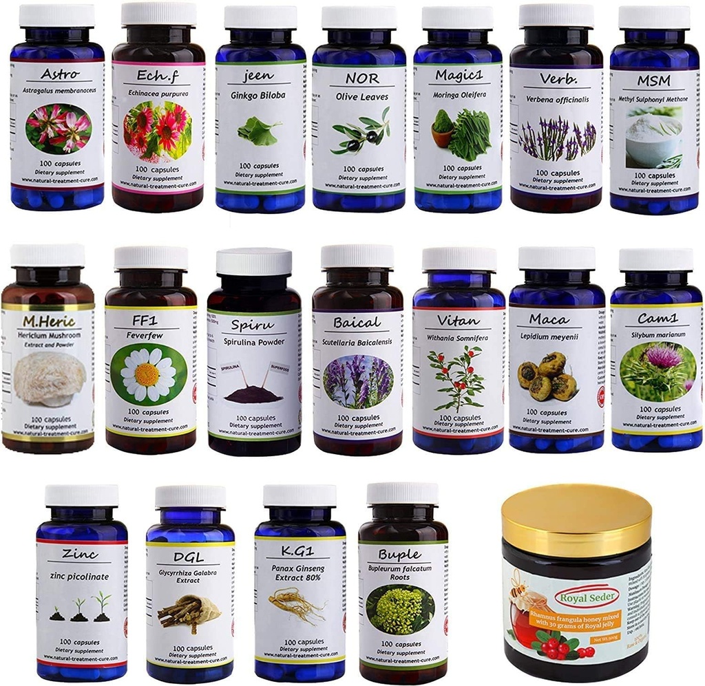Hekma Center Supplements Package for MS - 18 Medicinal Herbs & Sidr Honey with Royal Jelly - 100% Natural, Pure Organic - Vegan - Supplements for M.S