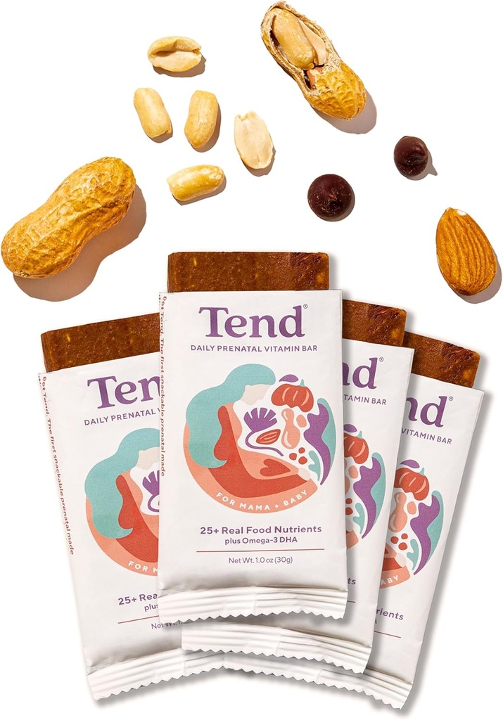 Tend Daily Best Prenatal Vitamin Bar, tillverkad med organiska ingredienser för gravida och postpartum mammor, Inkluderar DHA, vitamin D, B, Choline, Folate - jordnötssmör Chocolate (4ct)