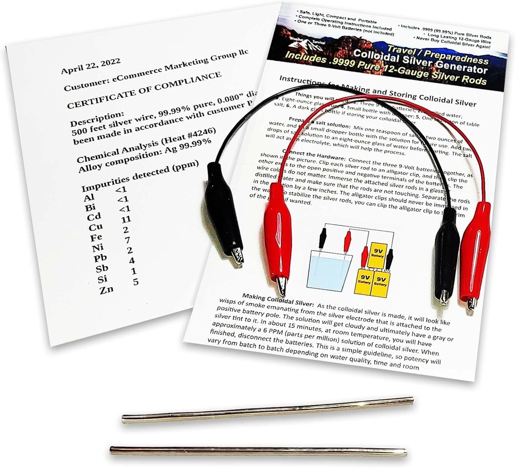 Colloidal Silver Generator Wire 99,99% Pure 12-Gauge (0,08 in./2,06 mm) Set of (2) 4-tums Rods + Mini/Travel Generator - Inkluderar Wires + kompletta instruktioner