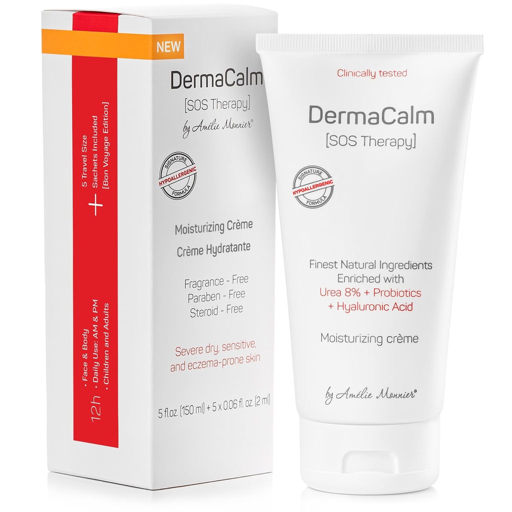 Kliniskt testad DermaCalm SOS Eczema Psoriasis Dermatitis Prone, Dry Skin - Urea 8%, Probiotika w / bästa naturliga ingredienser - Itchy, Severely Dry, Scaly Skin. Adults & Kids, Eczema Cream