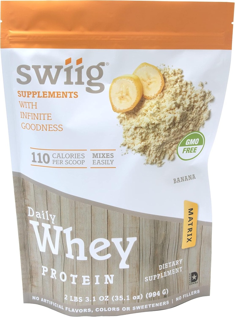 swiig Premium Daily Whey Protein Matrix Banana 2.2 lb - 20g Protein Gluten-Free Non-GMO No Fillers No Artificial Flavors Förbättrad med Aminosyror för Muscle Recovery All Natural Formel
