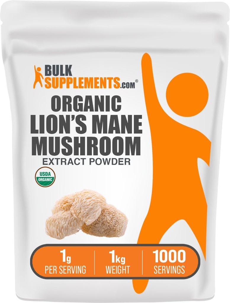 BulkSupplements.com Organic Lion's Mane Mushroom Extract Powder - Lions Mane Supplement Powder, Superfood för välbefinnande - Vegan, 1g per portion, 1kg (2,2 lbs) (Pack of 1)