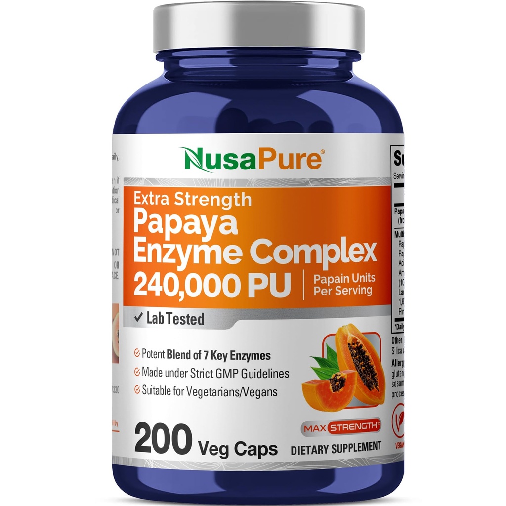NusaPure Papaya Papain Enzyme Komplex 240.000 PU - 200 Veggie Caps - 100% vegetarisk, icke-GMO
