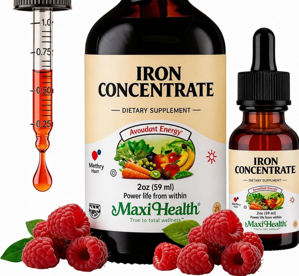Maxi Health Women, Men and Kids Liquid Iron Supplement - 15 mg Per ML Berry Flavored - Hög styrka - Lätt att blanda för omedelbar absorption - Öka energi utan illamående - 2 fl Ounces