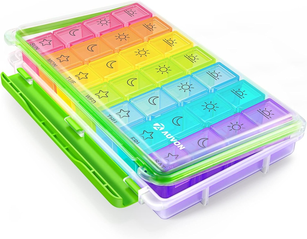 AUVON iMedassist Moisture-Proof Weekly Pill Organizer 4 Times a Day, Large 7 Day Pill Box Case med portabel design för resor, flyttbara individuella behållare Håll Vitaminer, Tillägg, Läkemedel