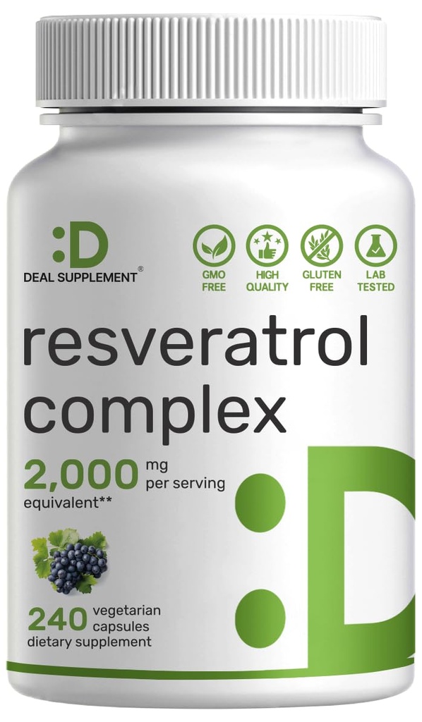 Resveratrol Komplex 2000mg, 240 Veggie Capsules - Extra Strength Trans-Resveratrol med NAD, Quercetin, Curcumin, Grape Seed & More - Frisk åldrande antioxidant för energi och hjärnstöd