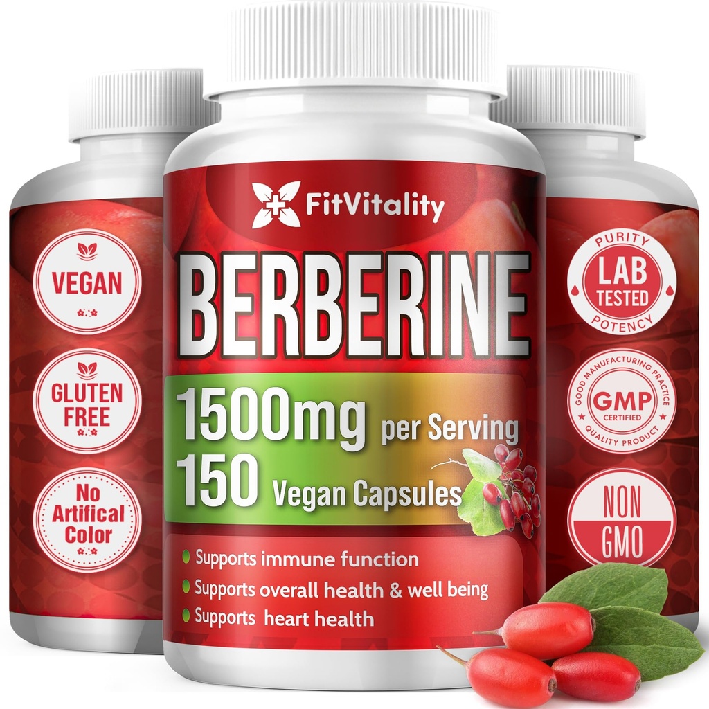 Premium Berberine Supplement, 150 kapslar - 50 dagars leverans, 1500mg Berberine Per Servering, Berberine HCI, tillverkad av 100% rena och naturliga ingredienser, icke-GMO, Glutenfri.