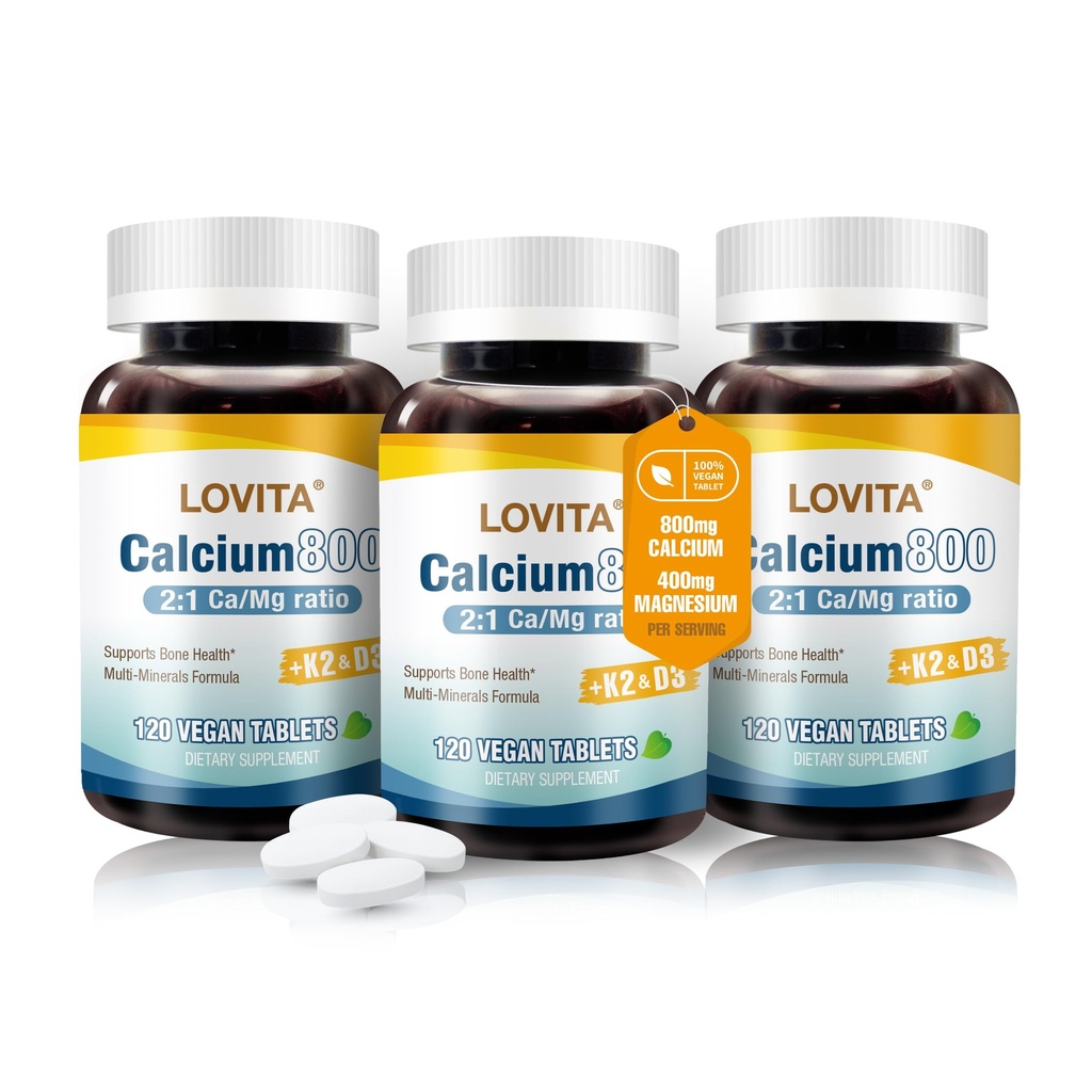 Lovita Calcium Citrate 800 mg med Magnesium, Vitamin D3 & K2, Bone Strength & Density Supplement för kvinnor och män, stöder tänder, immun hälsa, Gluten Free, Non-GMO, 360 Vegan tabletter