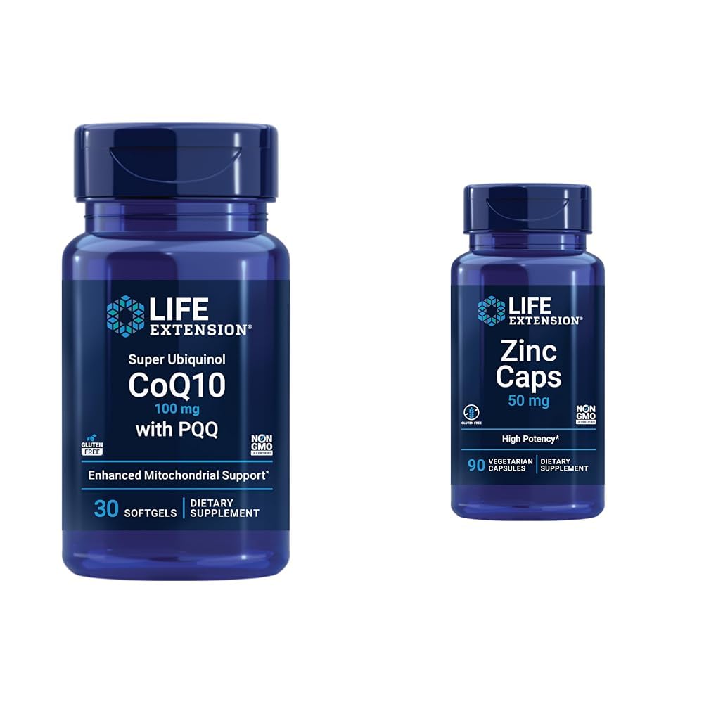 Life Extension Super Ubiquinol CoQ10 med PQQ, CoQ10, PQQ, shilajit, Heart Health & Zink Caps, zink 50 mg, zink Citrate, Stöd kroppens immunförsvar