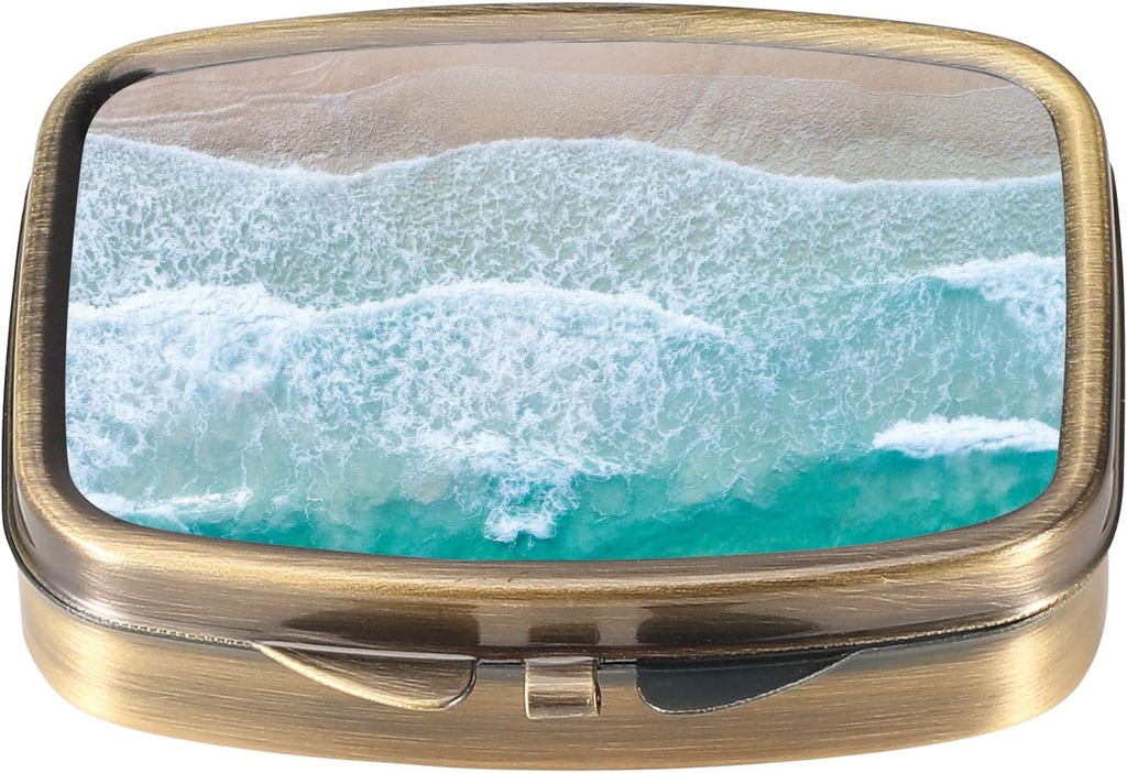 Dynippy Pill Case Pill Box med Mirror Retro Pocket 2 Compartment Medicine Case Vitamin Pill Organizer för Pocket Purse and Travel (A-Sandy Beach)