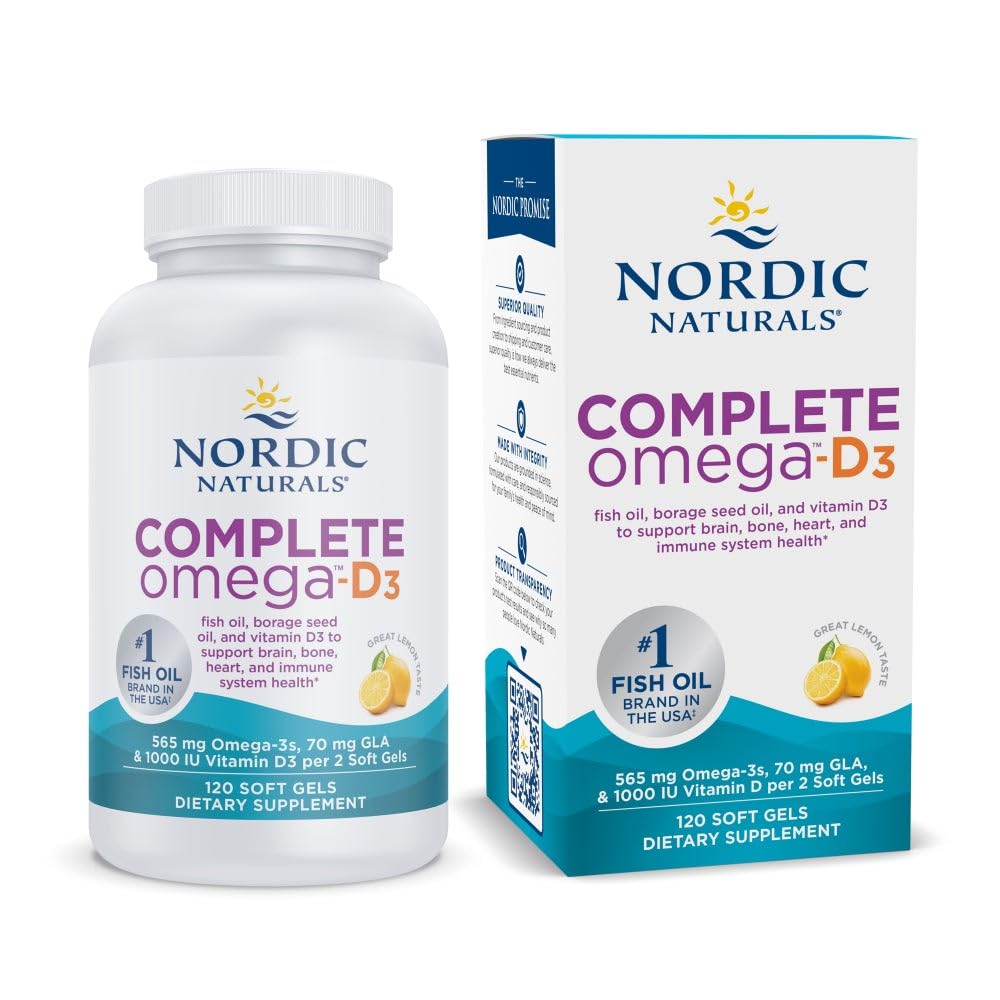 Nordic Naturals Complete Omega-D3, Lemon Flavor - 120 Soft Gels - 565 mg Omega-3 + 70 mg GLA + 1000 IE Vitamin D3 - EPA & DHA - Hälsosam hud, kognition, positivt humör - Icke-GMO - 60 portioner