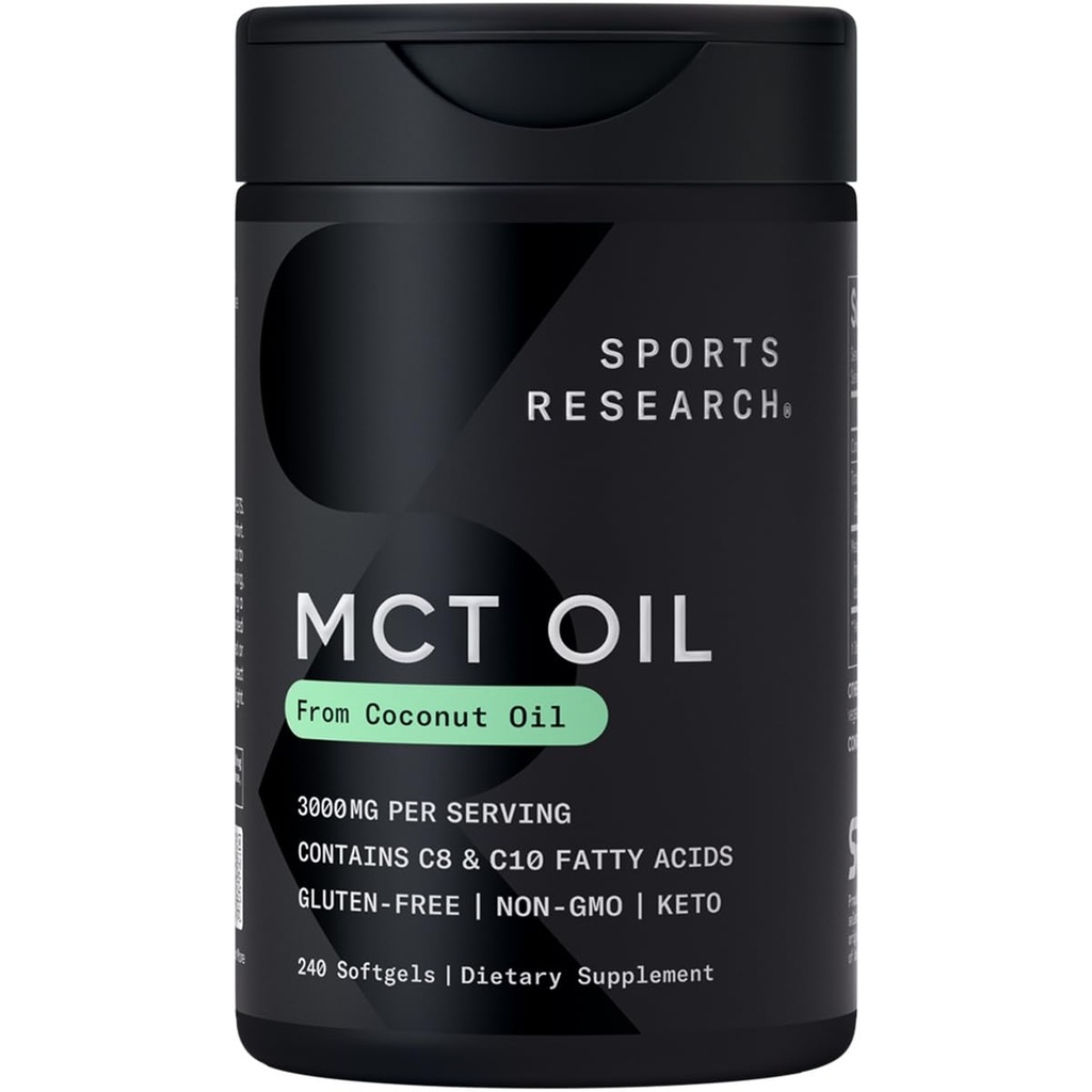 Sportforskning Keto MCT oljepiller från kokosolja | Keto bränsle för hjärnan och kroppen - Icke-GMO Verified, Soy & Gluten Free Liquid Softgels (240 greve)