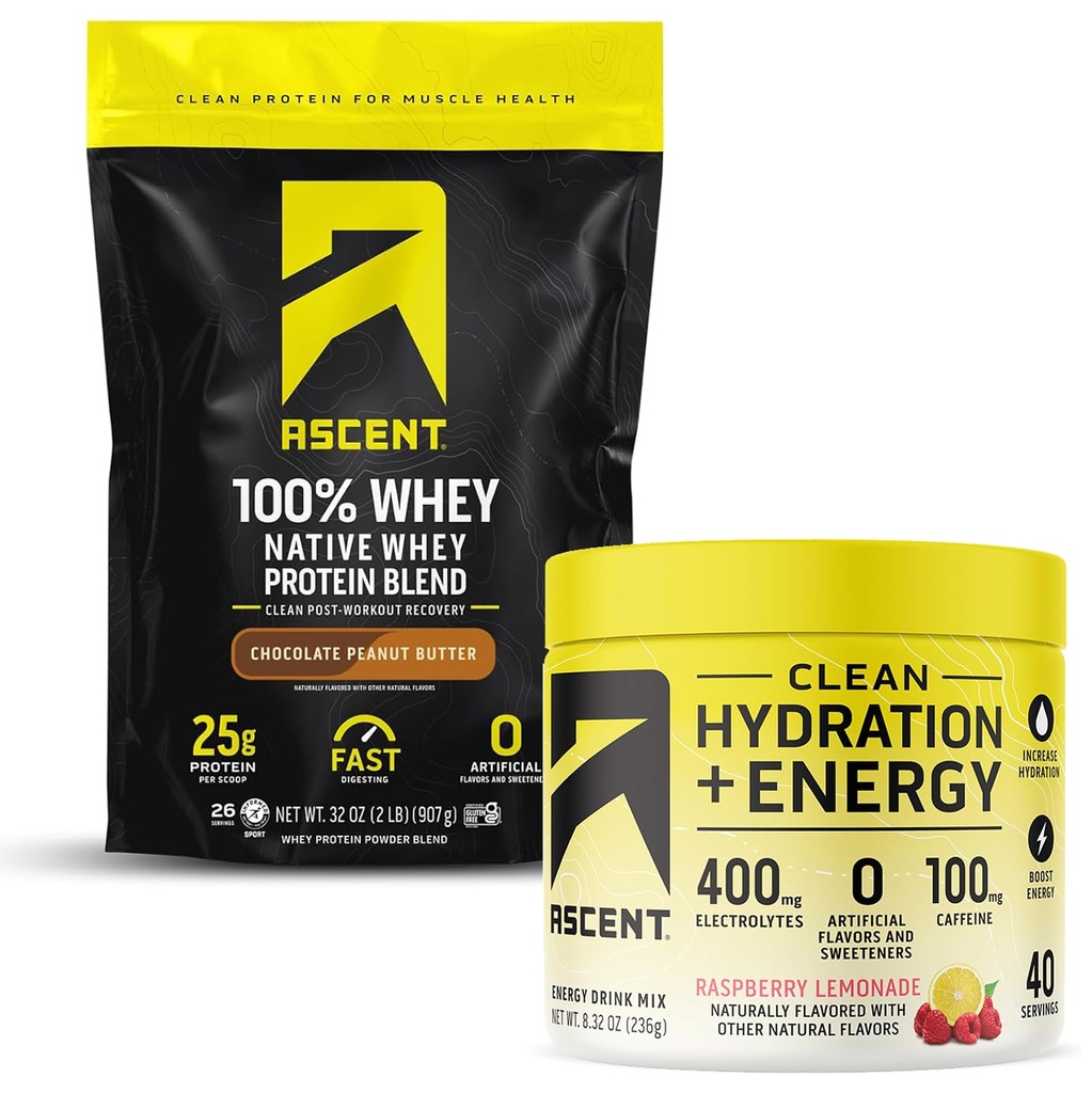 Uppstigning 100% Whey Protein Powder, Chocolate Peanut Butter 2 lb & Hydration + Energy Electrolytes, Raspberry Lemonade 40 portioner
