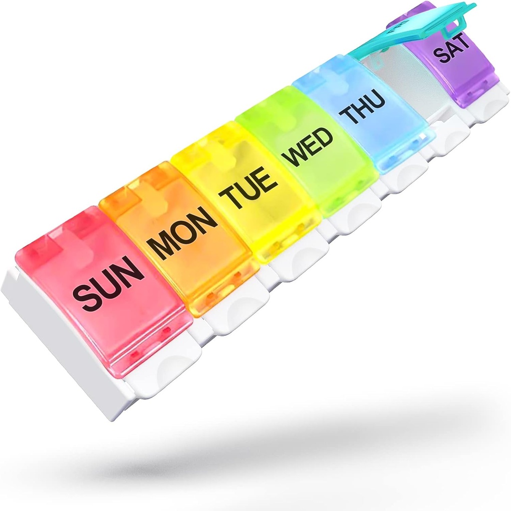 Sukuos Large Weekly Pill Organizer 7 Day, Daily Pill Box med Easy Push Button Portable Pill Case för medicin / vitamin / fiskolja / tillägg, Medicinering Holder (Rainbow)