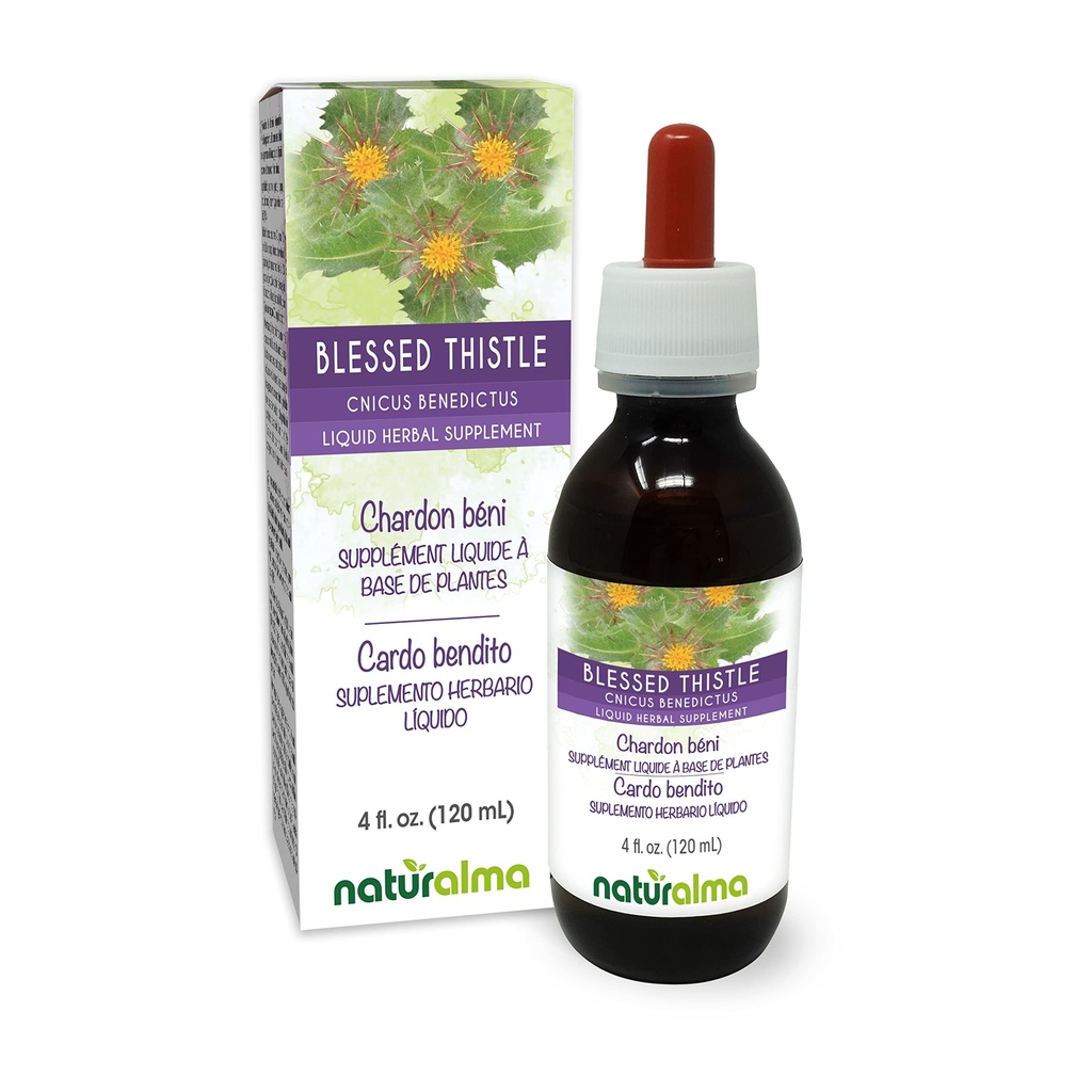 Naturalma välsignad Thistle eller Holy Thistle (Cnicus benedictus) ört med blommor alkoholfri tinktur - 4 fl oz flytande extrakt i droppar - Herbal Supplement - Vegan