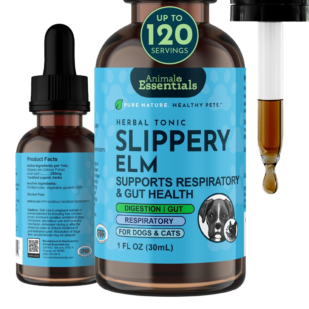Animal Essentials Slippery Elm - Slippery Elm Bark Anti Diarrhea droppar för hundar och katter, organisk växtbaserade extrakt för hälsosam tarm, Digestive & Throat Support, hjälper till att accid reflux, flytande formel - 1 fl oz