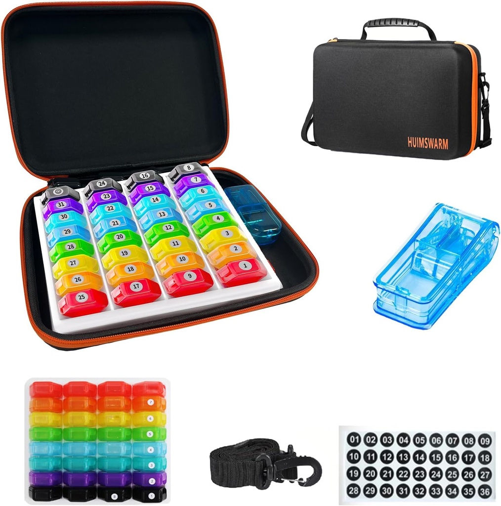 Månatliga Pill Organizer 1Time A Day,Pill Organizer Månatligen 1Time A Day med 32 Dagliga Kompartement & 1Pill Cutter & 1Travel Case & 1Shoulder Straps & 2PCS 31 Dagar Sticker. Bekväm handtag, BPA-Free.