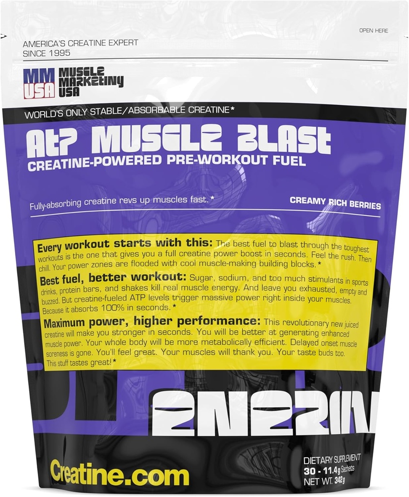 MMUSA ATP Muscle Blast: Världens enda stabila kreatin energidryck. Instant Absorption. Omedelbar ökning för Intense Bodybuilding, Endurance Sports Tåg hårdare, återhämta sig snabbare. 30 påsar, 11,4 g varje