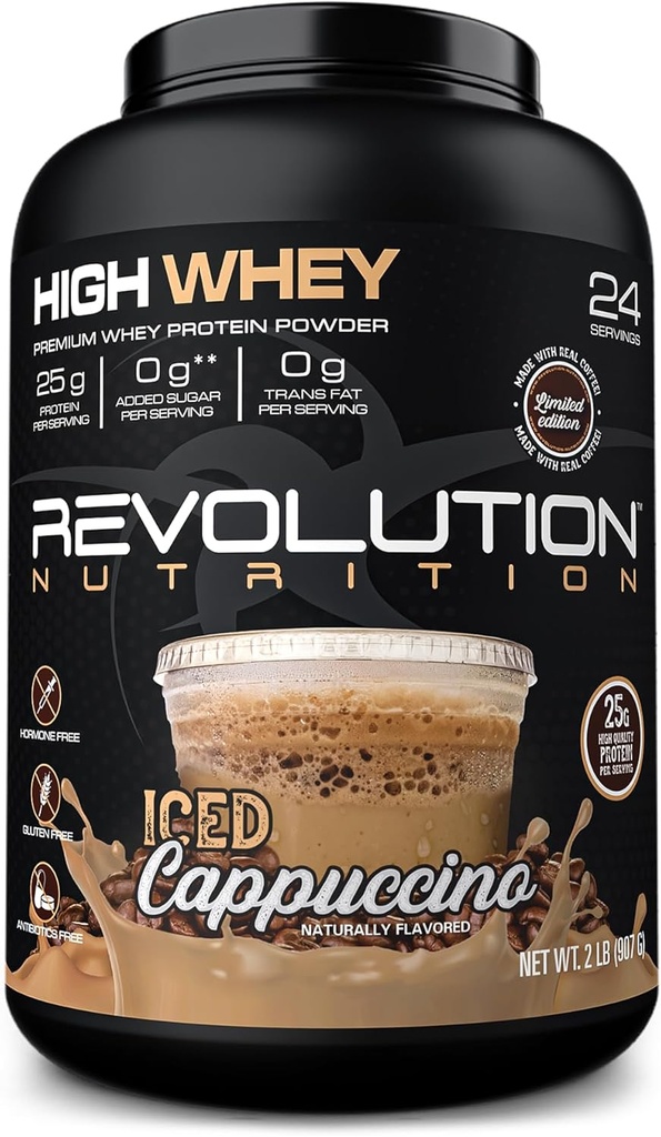 Revolution Nutrition, High Whey, Protein Powder 2LB, Whey Isolate, Gluten Free, Lean Muscle Mass för Män & Kvinnor, 25g Protein Per Scoop, 908 g, 24 portioner (Iced Cappuccino, 2 pund)