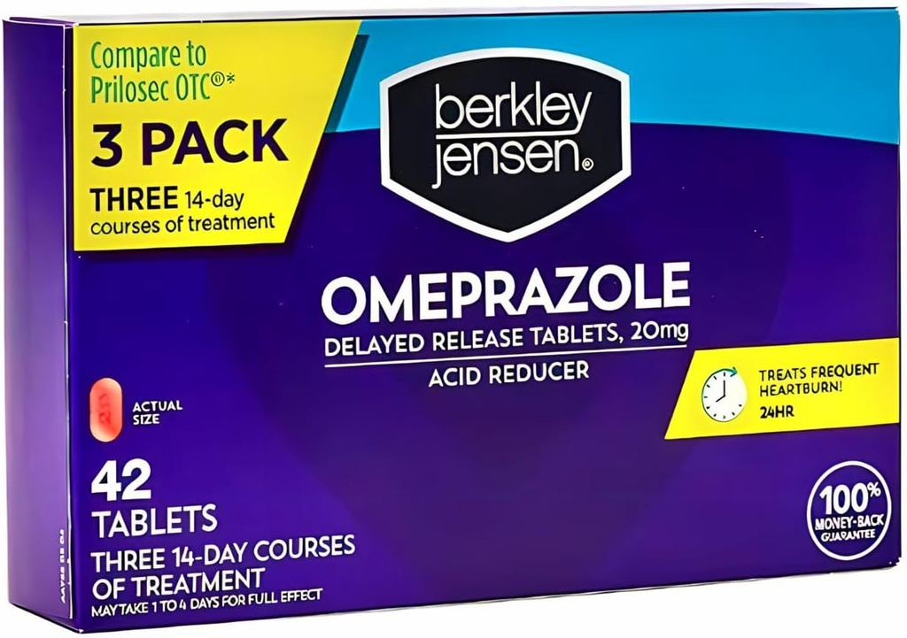 berkley jensen Omeprazole 20 mg Delayed Release Tablets - Heartburn Medicine- Acid Reducer Pills - Treats Frequent Heartburn - 3 x 14-Day Courses, 42 Count Total (Pack of 1)