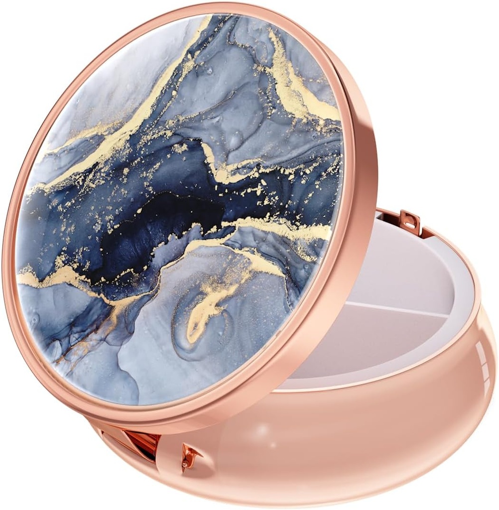 Rouidr Pill Box, 3 Compartment Medicine Pill Case, Small Metal Travel Medicine Box för Purse & Pocket, Rose Gold, Dark Grey Marble