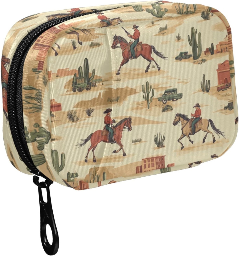 Fustylead Cowboy Riding Horse och Desert Cactus Pill Organizer för Purse, Weekly Portable Pill Box med Zipper för att lagra vitaminer Fish Oils Medications Supplements