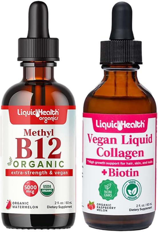 LIQUIDHEALTH Organic Methyl B12 5000mcg Vitamin Drops with Tart Cherry Juice & 100% Vegan Plant-Based Collagen Plus Biotin Drops - Natural Energy Boost, Improve Focus, Hair & Nail Growth, Skin Health
