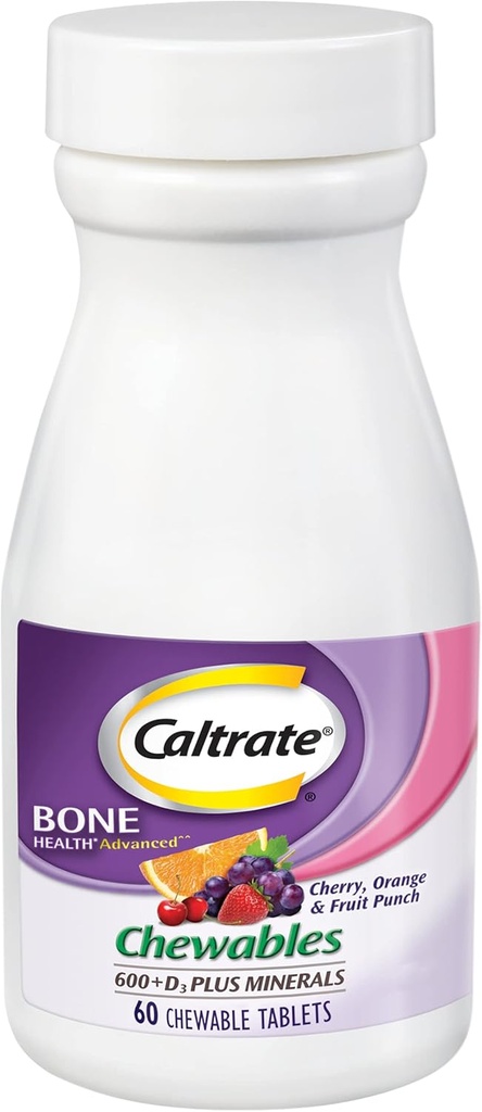 Caltrate Chewables 600 Plus D3 Plus Minerals Calcium Vitamin D Supplement, Cherry, Orange och Fruit Punch - 60 Count