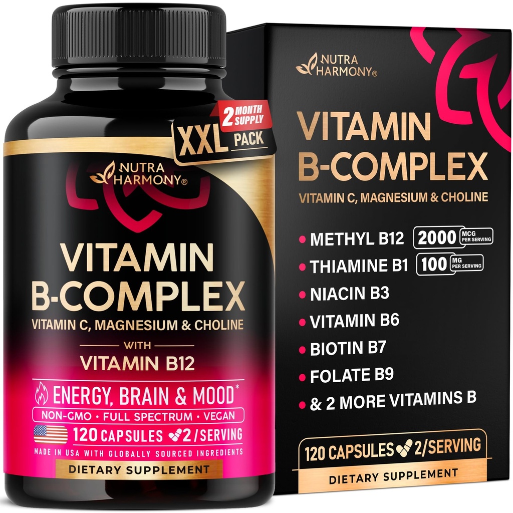 Vitamin B-komplex för män och kvinnor - Tillverkad i USA - B-komplex: B1, B2, B3, B5, B6, B7, B8, B9, B12 med vitamin C, Choline, Inositol - Energi, Brain & Heart Support Supplement, 120 Vegan Capsules