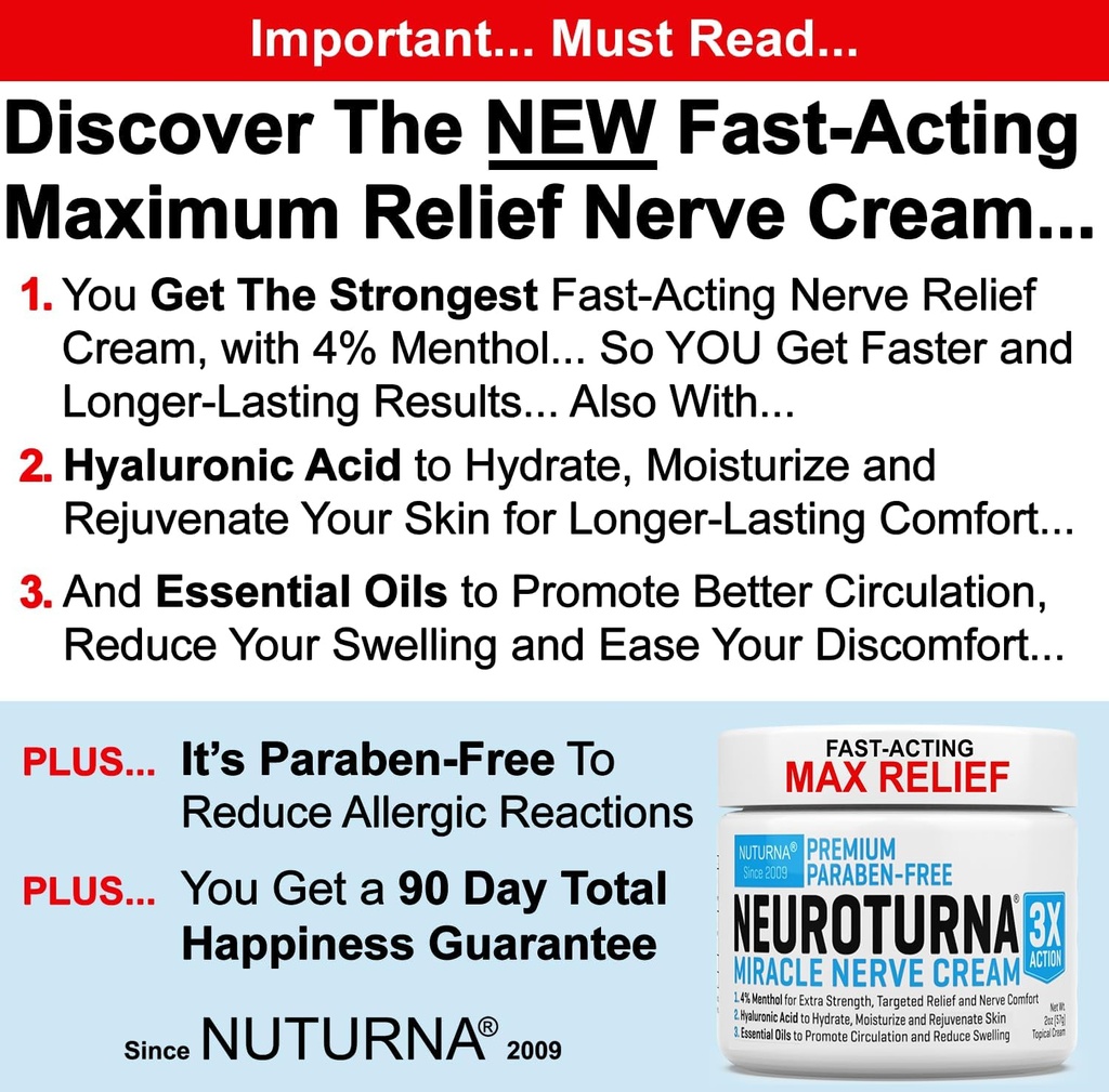 Nerve Relief Cream för neuropati - Premium Nerve Cream 3X-åtgärd för riktad lindring och nervkomfort - Maximal styrka med 4% Menthol, Arnica, MSM för fötterna händer ben och tillbaka - 2 Oz