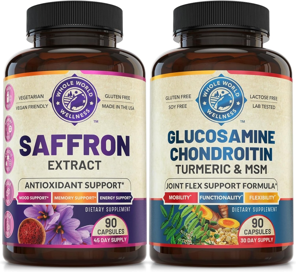 Pure Saffron Extract & Advanced Joint Support Bundle (En flaska vardera). Stöder humör, energiökning, metabolisk funktion och gemensam hälsa. USA Made.