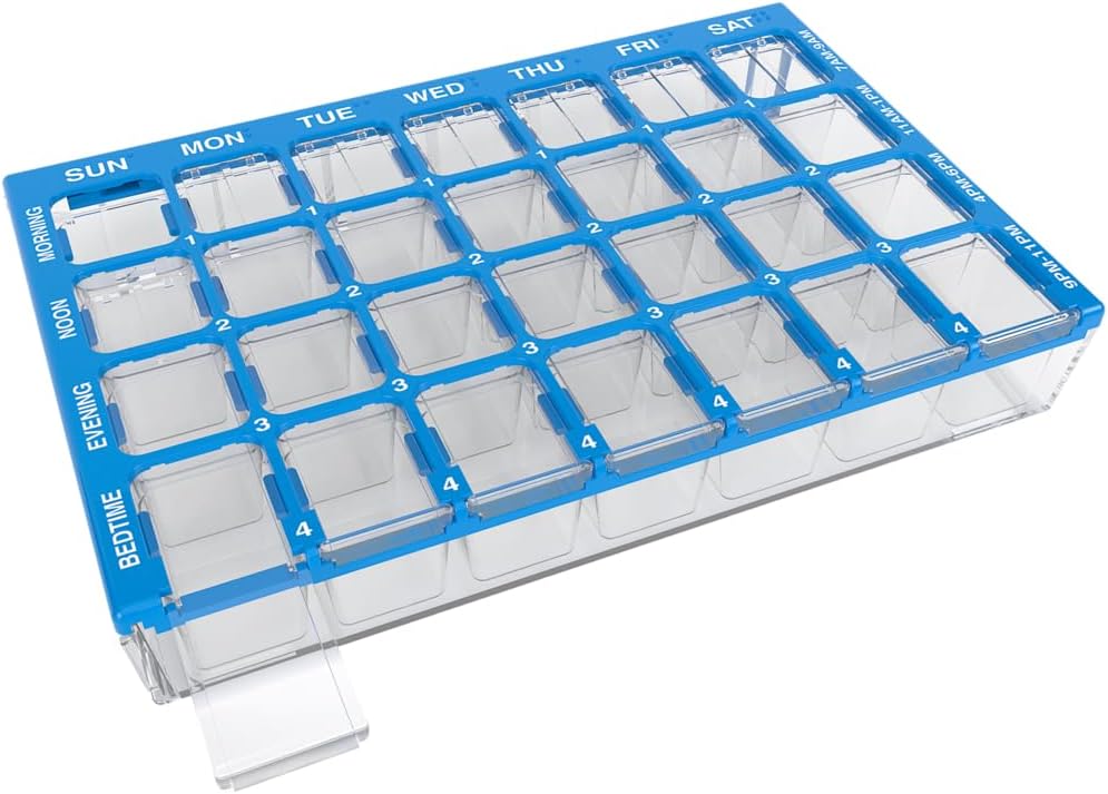 EZY DOSE Pill Organizer Weekly (7-Day), Medicine Planner, Vitamin Box, Small Compartments with Easy Fill Tray Case, 4 Times a Day, Easy to Use Containers, Clear Lids, Blue, BPA Free