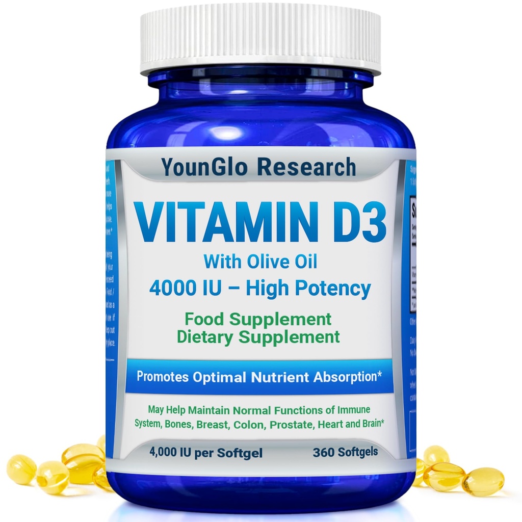 Vitamin D3 4000 IE Kosttillskott för att främja hälsosamt ben & immunfunktion, Easy-to-Swallow 360 Softgels