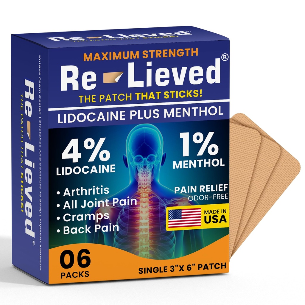 Re-lieved 4% Lidocaine Patches with Menthol - Maximum Strength Pain Relief for Back, Knee & Muscle Pain - Fast-Acting Medicated Patches - Made in USA - 6 Count