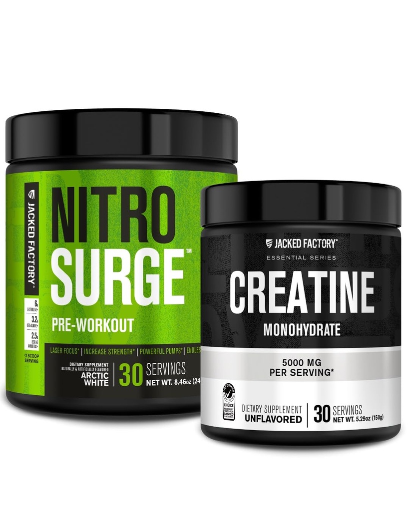 Jacked Factory NITROSURGE Pre Workout Supplement (Arctic White) Kreatinmonohydratpulver 150g (Unflavored) för muskeltillväxt, ökad styrka, förbättrad energi