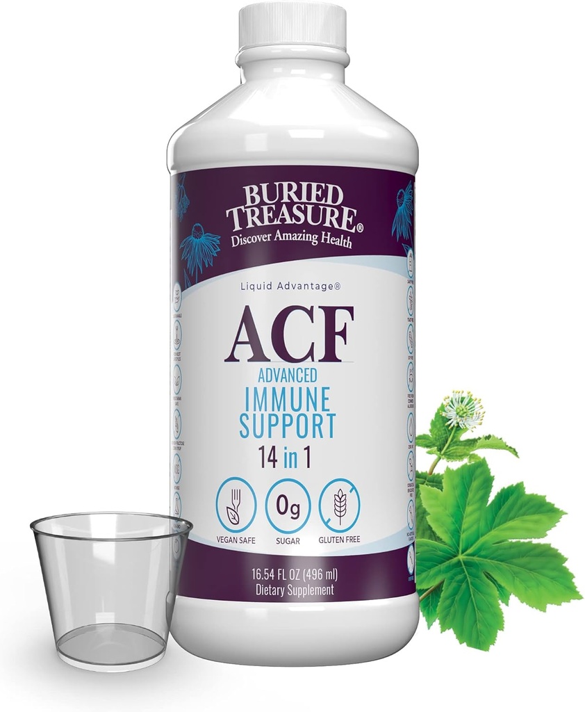 Begravd skatte ACF Immune Support - 16 oz, 16 portioner, vitamin C, Elderberry, Zink, flytande immunförstärkare med vitaminer och mineraler w / doskopp