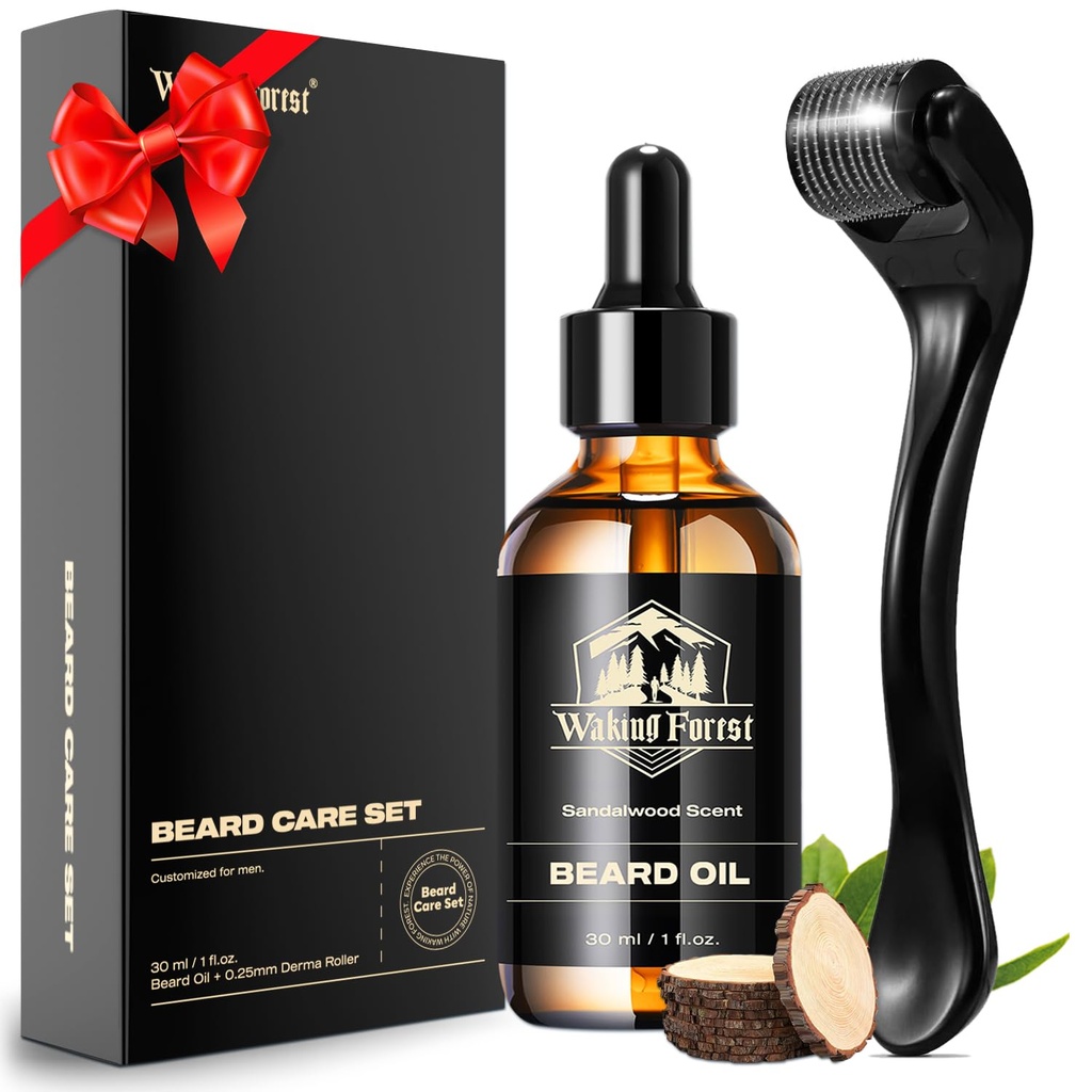 Waking Forest Derma Roller 0.25mm & Beard Oil(1oz), Sandalwood Beard Kit, Microneedle Beard Roller med 540 Titanium, naturlig fuktighet med vitamin E Beard Oil för Män, Fäder Boyfriend Dad