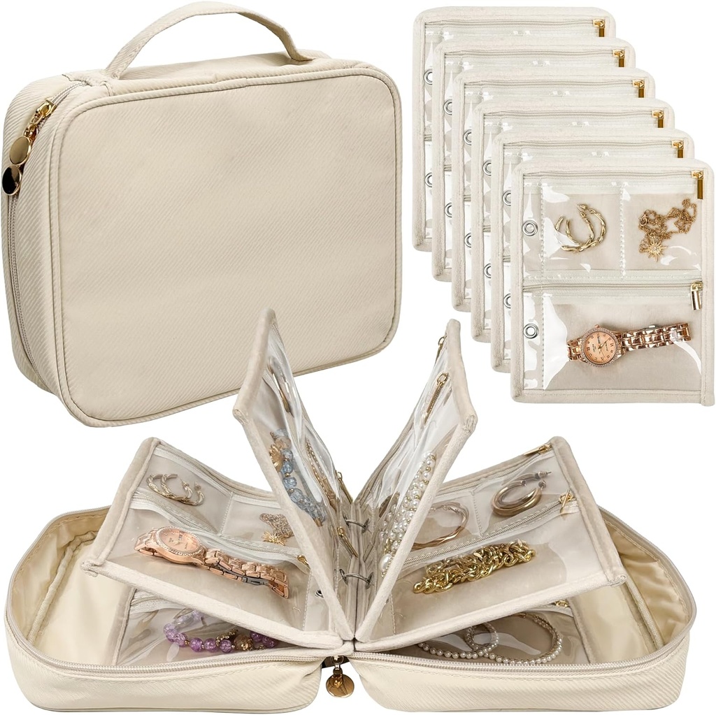 Travel Jewelry Organizer Case, Jewelry Bags Jewelry Storage Book Binder med Clear Zipper Velvet Pouch för resor, örhängen, ringar, halsband, armband (vit)