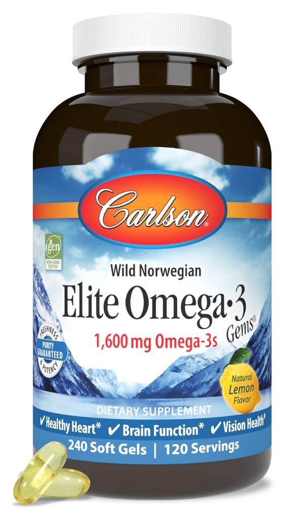 Carlson Elite Omega-3 Gems, 1600 mg Omega-3 med EPA & DHA, Lemon Flavor, 240 Softgels - Wild-Caught Norwegian Fish Oil, hållbart källad