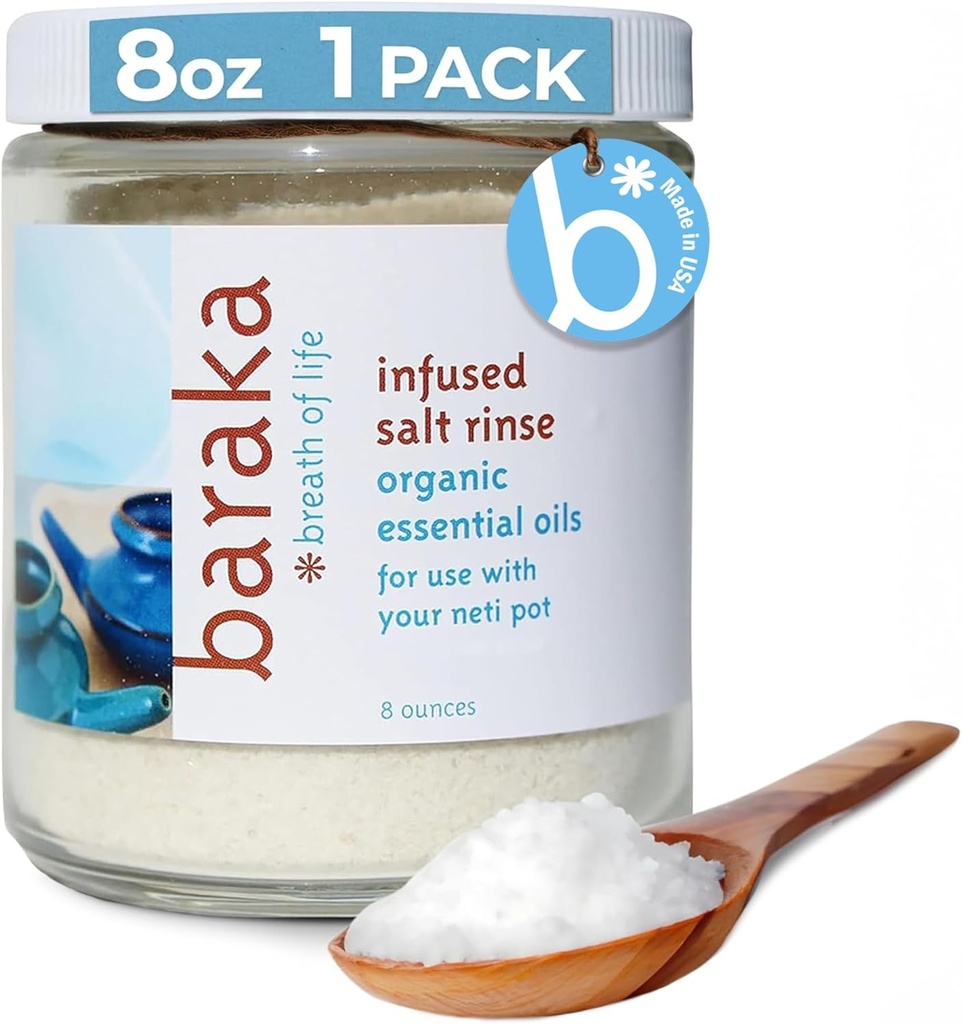 Baraka Infused Sea Salt Neti Pot - Sinus Rinse & Nose Cleaner, Essential Oil Infused med Virginia Cedarwood, Palmarosa, Green Myrtle, Fir Balsam & Rosemary, 8 oz (1 Pack)