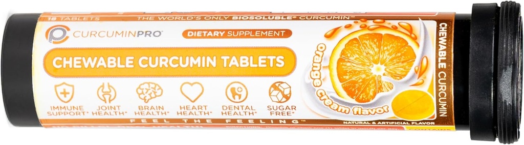curcuminpro Chewable Tablets | BioSoluble Organic Turmeric Curcumin | Sugar-Free | Rörelsestöd | 18 greve | Orange Cream Smak